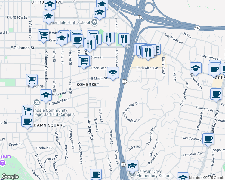 map of restaurants, bars, coffee shops, grocery stores, and more near 1517 East Garfield Avenue in Glendale
