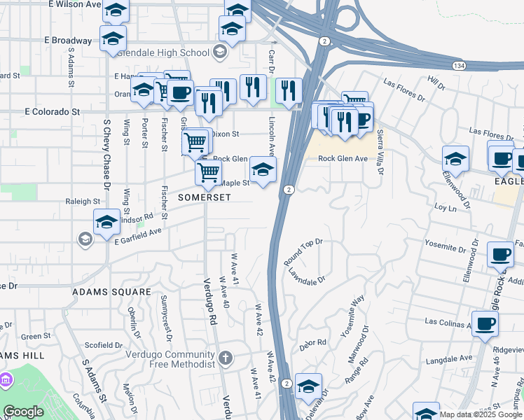 map of restaurants, bars, coffee shops, grocery stores, and more near 1517 East Garfield Avenue in Glendale