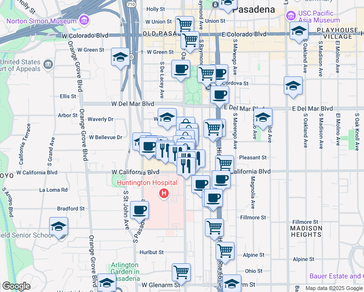 map of restaurants, bars, coffee shops, grocery stores, and more near 512 South Fair Oaks Avenue in Pasadena