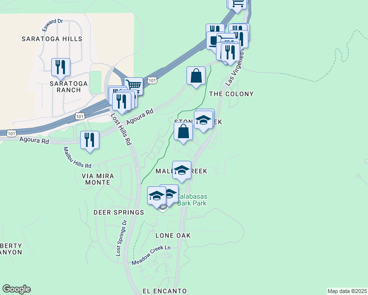 map of restaurants, bars, coffee shops, grocery stores, and more near 4373 Paxton Place in Calabasas