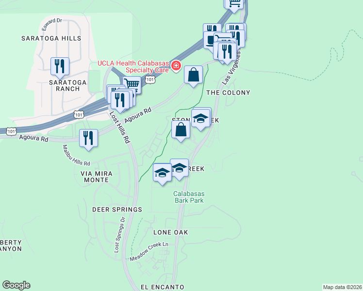 map of restaurants, bars, coffee shops, grocery stores, and more near 4265 Las Virgenes Road in Calabasas