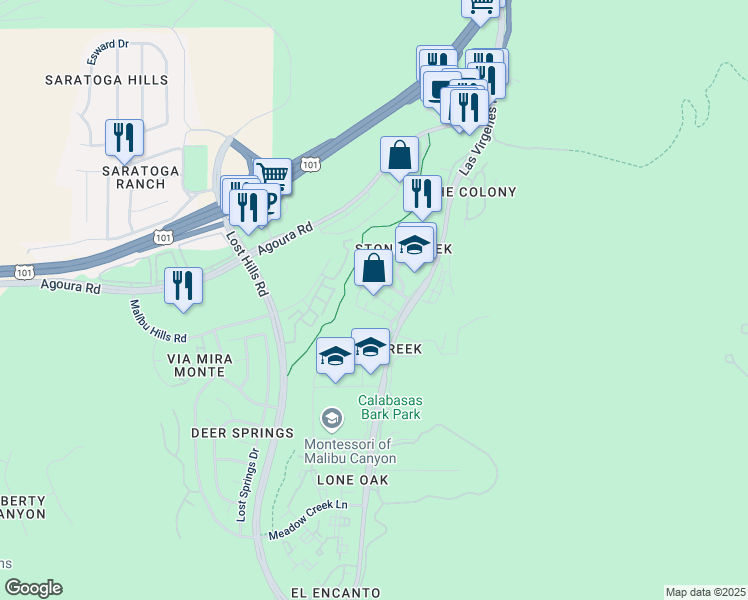 map of restaurants, bars, coffee shops, grocery stores, and more near 4275 Las Virgenes Road in Calabasas