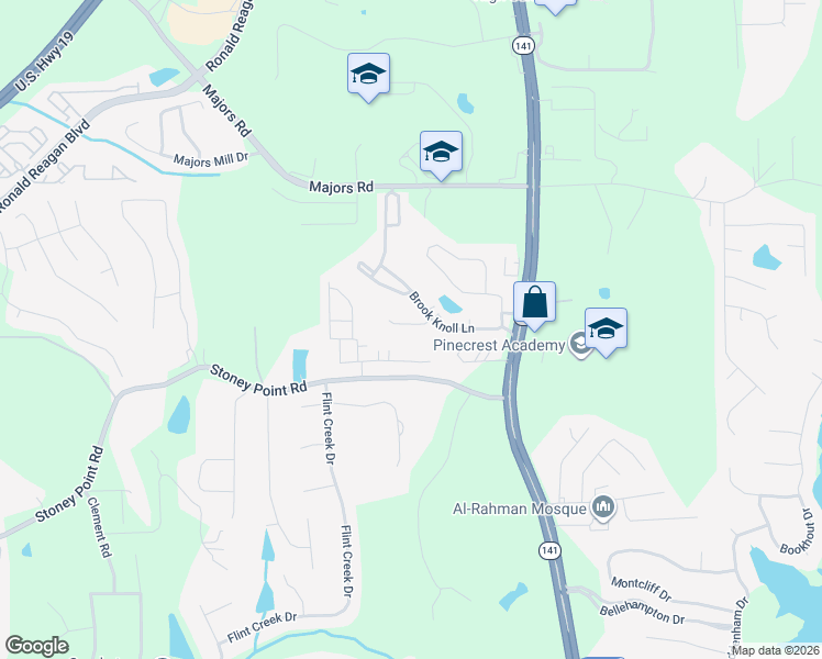 map of restaurants, bars, coffee shops, grocery stores, and more near 1375 Oak Meadows Lane in Cumming