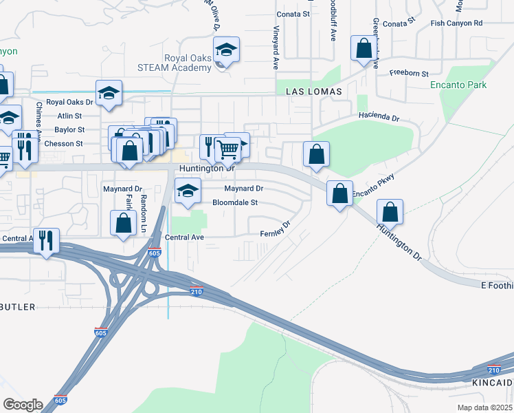 map of restaurants, bars, coffee shops, grocery stores, and more near 2543 Millbrae Avenue in Duarte
