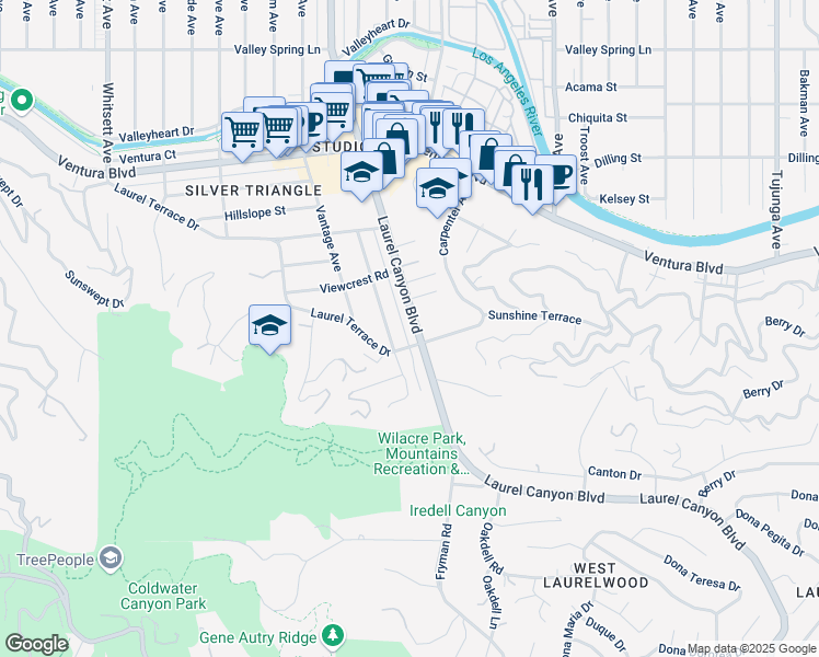 map of restaurants, bars, coffee shops, grocery stores, and more near 3719 Laurel Canyon Boulevard in Los Angeles