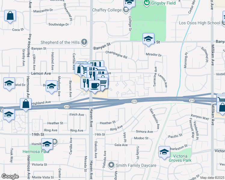 map of restaurants, bars, coffee shops, grocery stores, and more near 10655 Lemon Avenue in Rancho Cucamonga