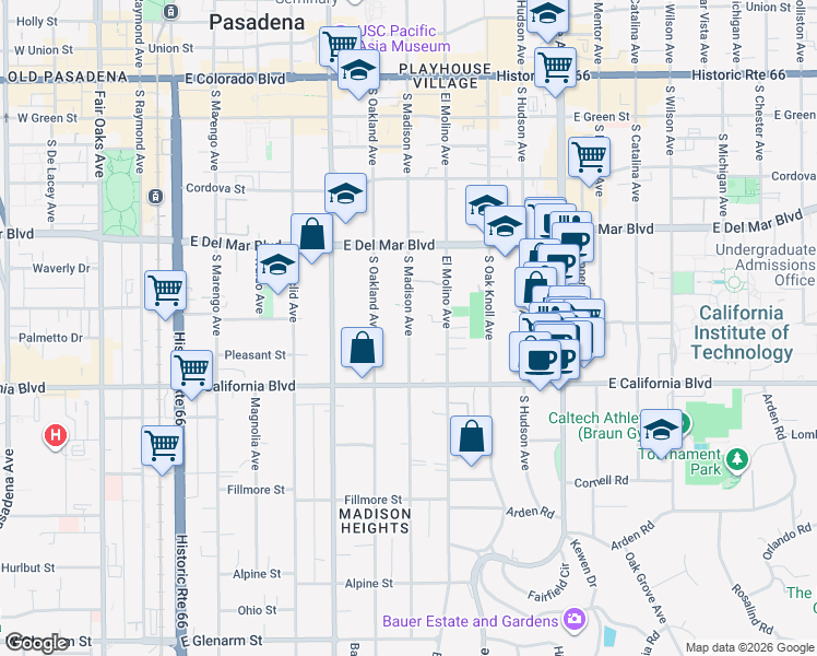 map of restaurants, bars, coffee shops, grocery stores, and more near 507 South Madison Avenue in Pasadena
