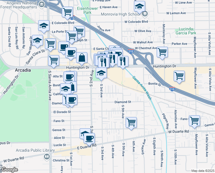 map of restaurants, bars, coffee shops, grocery stores, and more near 311 California Street in Arcadia