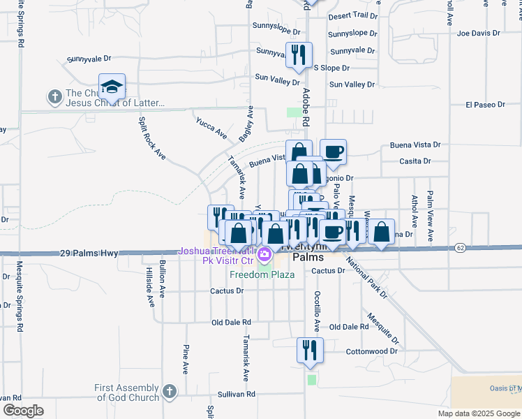 map of restaurants, bars, coffee shops, grocery stores, and more near 6432 Smoketree Avenue in Twentynine Palms