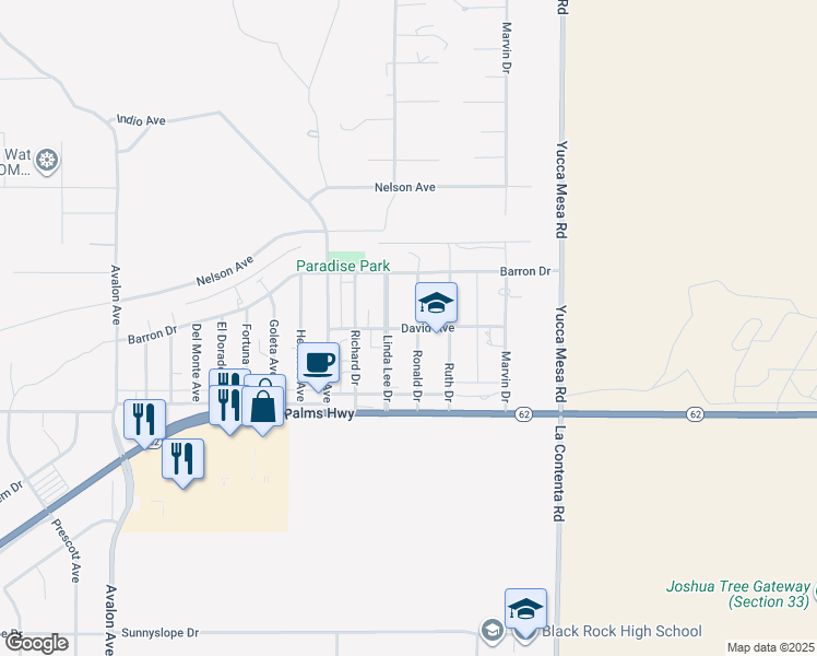 map of restaurants, bars, coffee shops, grocery stores, and more near 6391 Linda Lee Drive in Yucca Valley