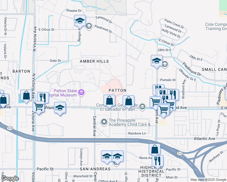 map of restaurants, bars, coffee shops, grocery stores, and more near 2270-2378 North Orange Street in Highland