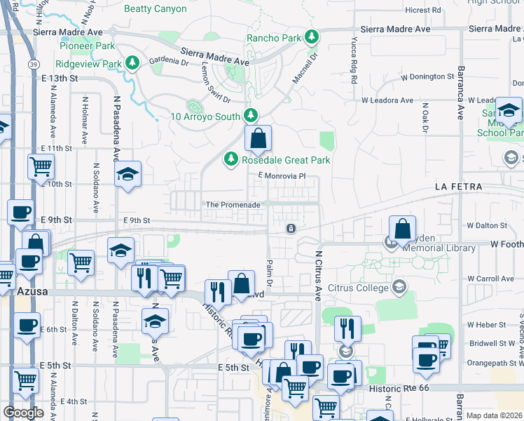 map of restaurants, bars, coffee shops, grocery stores, and more near 821 Cassia Lane in Azusa