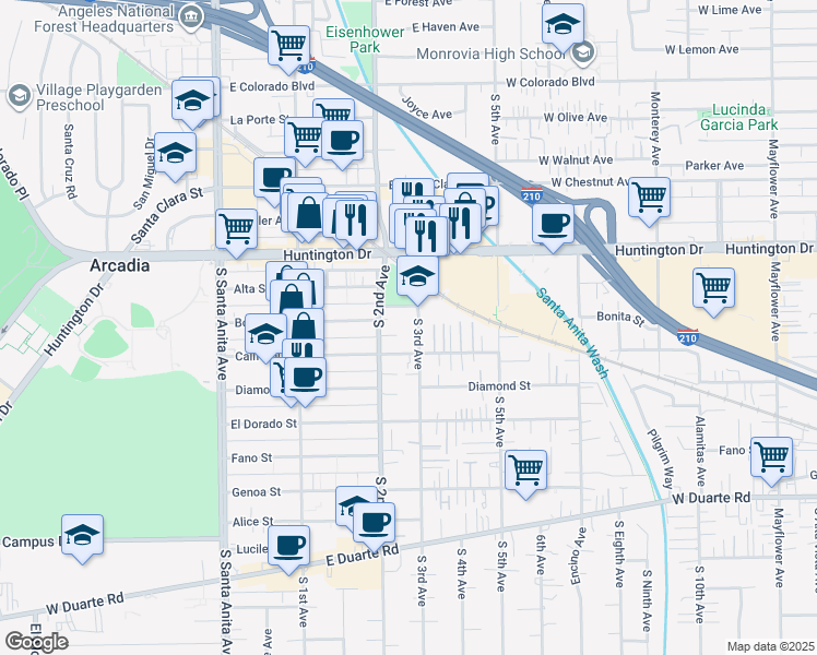 map of restaurants, bars, coffee shops, grocery stores, and more near 219 California Street in Arcadia