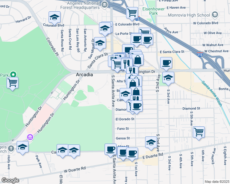 map of restaurants, bars, coffee shops, grocery stores, and more near 11 California Street in Arcadia