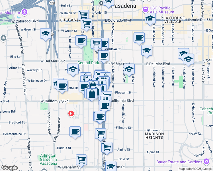 map of restaurants, bars, coffee shops, grocery stores, and more near 503 South Arroyo Parkway in Pasadena