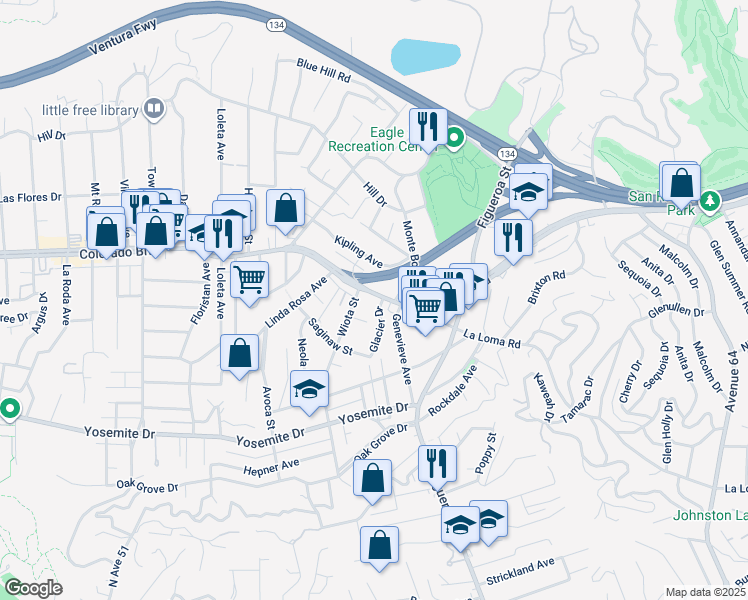 map of restaurants, bars, coffee shops, grocery stores, and more near 4963 Genevieve Avenue in Los Angeles