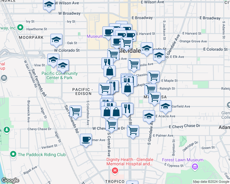 map of restaurants, bars, coffee shops, grocery stores, and more near 211 West Windsor Road in Glendale