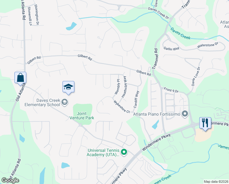 map of restaurants, bars, coffee shops, grocery stores, and more near 4435 Wembly Place in Cumming