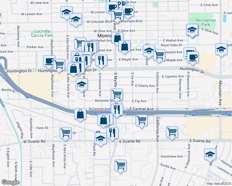 map of restaurants, bars, coffee shops, grocery stores, and more near 2 Los Angeles Avenue in Monrovia