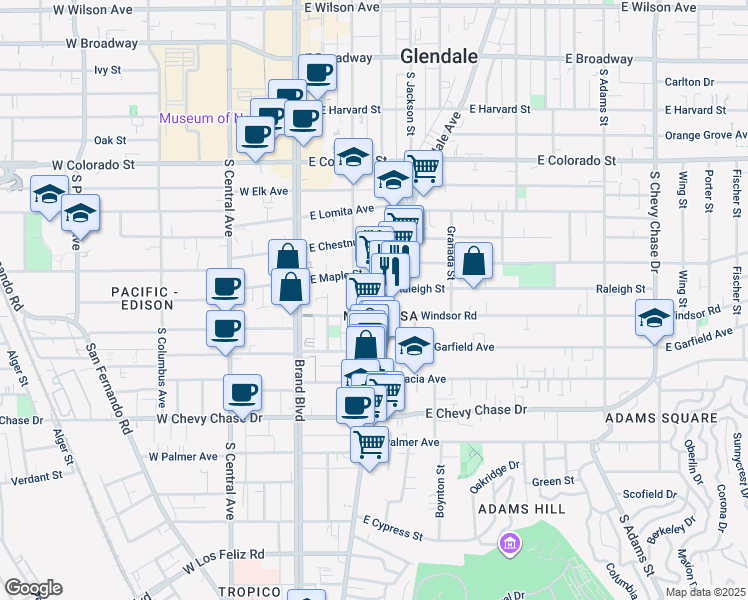 map of restaurants, bars, coffee shops, grocery stores, and more near 803 South Glendale Avenue in Glendale