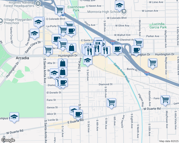 map of restaurants, bars, coffee shops, grocery stores, and more near 311 California Street in Arcadia