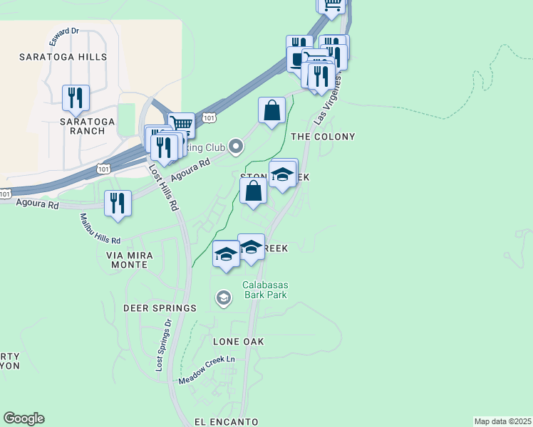 map of restaurants, bars, coffee shops, grocery stores, and more near 4275 Las Virgenes Road in Calabasas