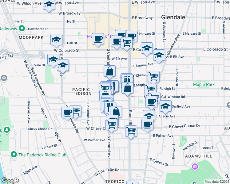 map of restaurants, bars, coffee shops, grocery stores, and more near 211 West Windsor Road in Glendale