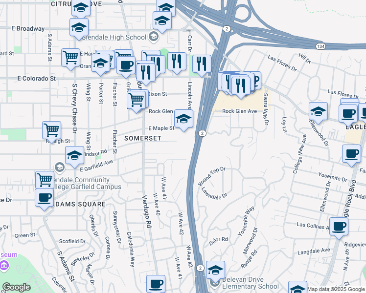 map of restaurants, bars, coffee shops, grocery stores, and more near 1517 East Garfield Avenue in Glendale