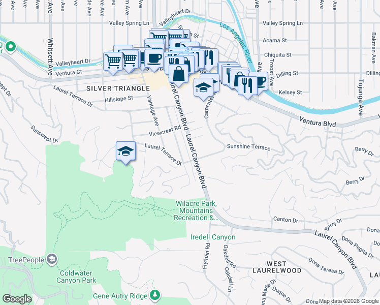 map of restaurants, bars, coffee shops, grocery stores, and more near 3719 Laurel Canyon Boulevard in Los Angeles