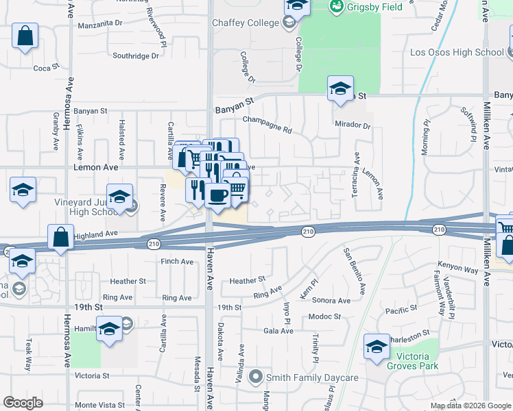 map of restaurants, bars, coffee shops, grocery stores, and more near 10655 Lemon Avenue in Rancho Cucamonga