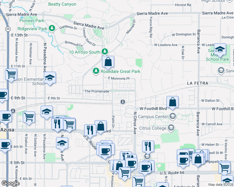 map of restaurants, bars, coffee shops, grocery stores, and more near 843 Orchid Way in Azusa