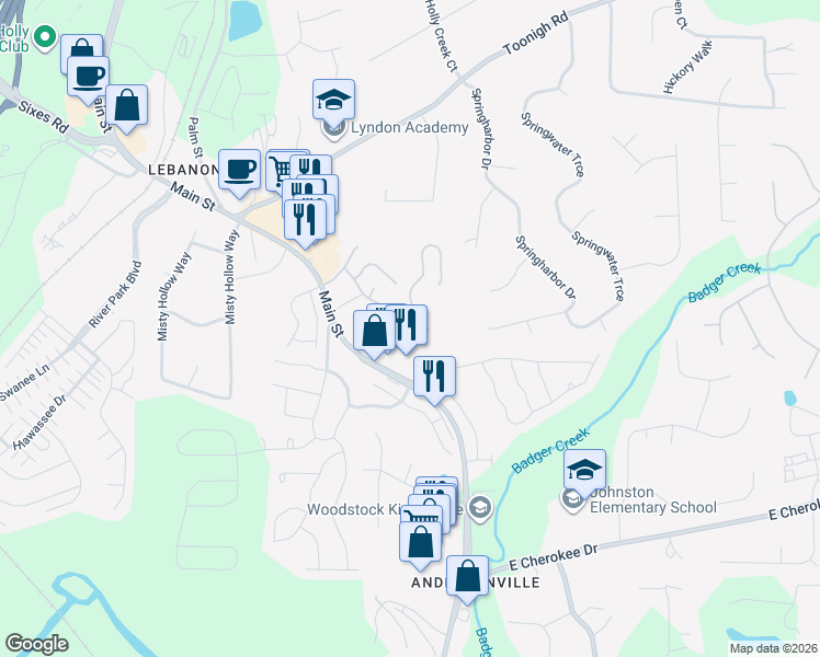 map of restaurants, bars, coffee shops, grocery stores, and more near 5947 Holly Springs Parkway in Woodstock