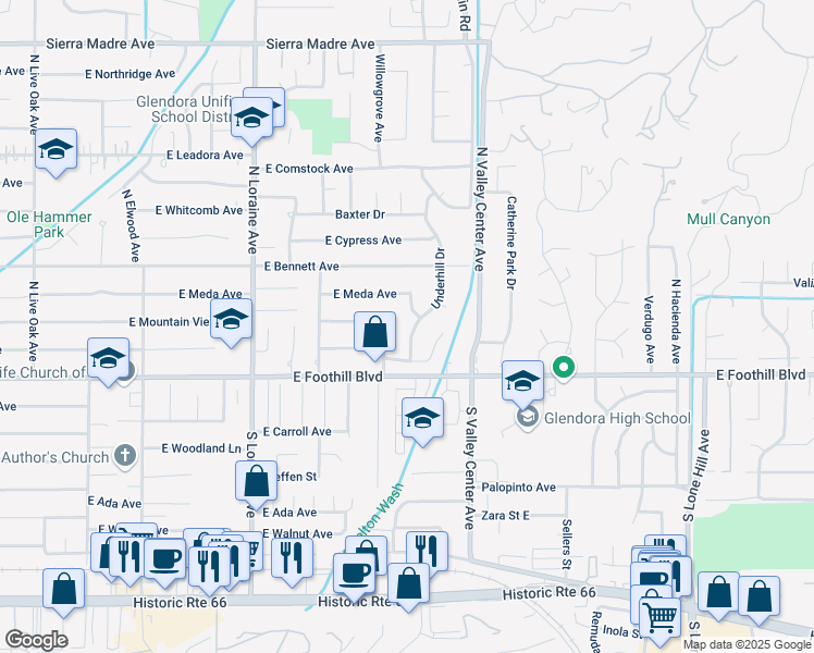map of restaurants, bars, coffee shops, grocery stores, and more near 153 Underhill Drive in Glendora