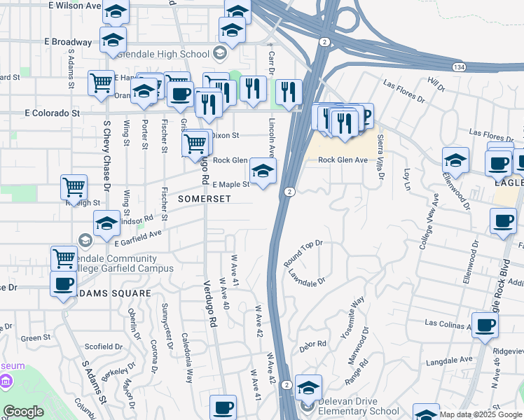 map of restaurants, bars, coffee shops, grocery stores, and more near 1517 East Garfield Avenue in Glendale