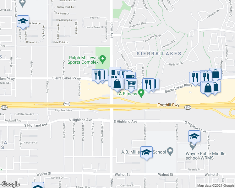 map of restaurants, bars, coffee shops, grocery stores, and more near 16155 Sierra Lakes Parkway in Fontana