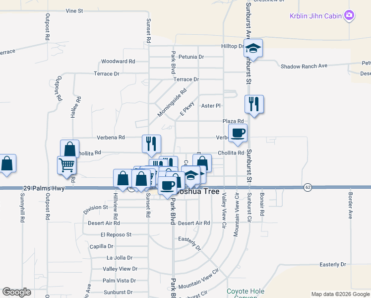 map of restaurants, bars, coffee shops, grocery stores, and more near 6362 Center Street in Joshua Tree