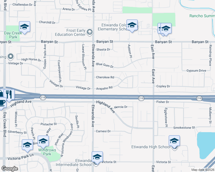 map of restaurants, bars, coffee shops, grocery stores, and more near 12953 Arapaho Road in Rancho Cucamonga