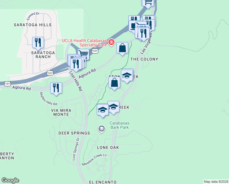 map of restaurants, bars, coffee shops, grocery stores, and more near 4373 Paxton Place in Calabasas