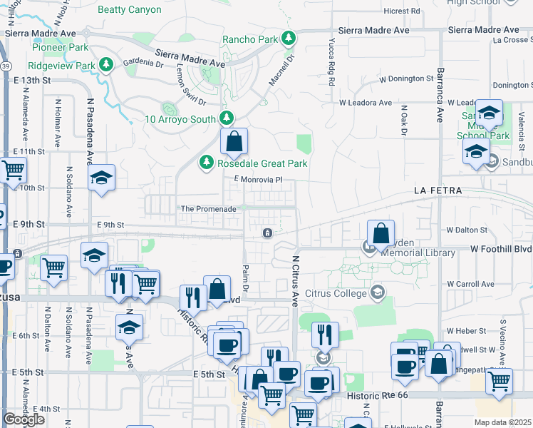 map of restaurants, bars, coffee shops, grocery stores, and more near 861 Orchid Way in Azusa