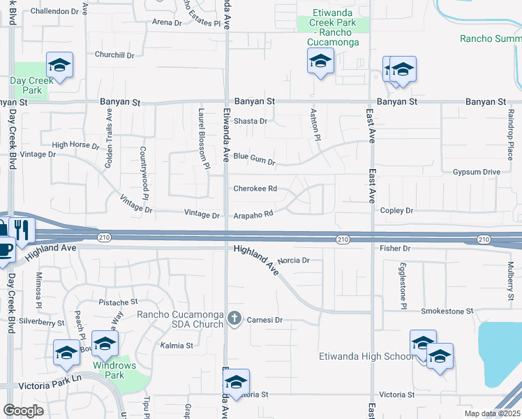 map of restaurants, bars, coffee shops, grocery stores, and more near 12982 Arapaho Road in Rancho Cucamonga