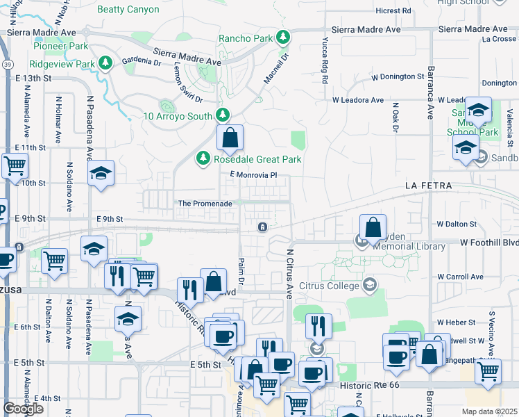 map of restaurants, bars, coffee shops, grocery stores, and more near 865 Orchid Way in Azusa