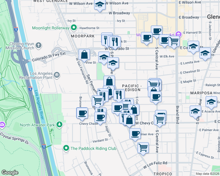 map of restaurants, bars, coffee shops, grocery stores, and more near 625 South Pacific Avenue in Glendale