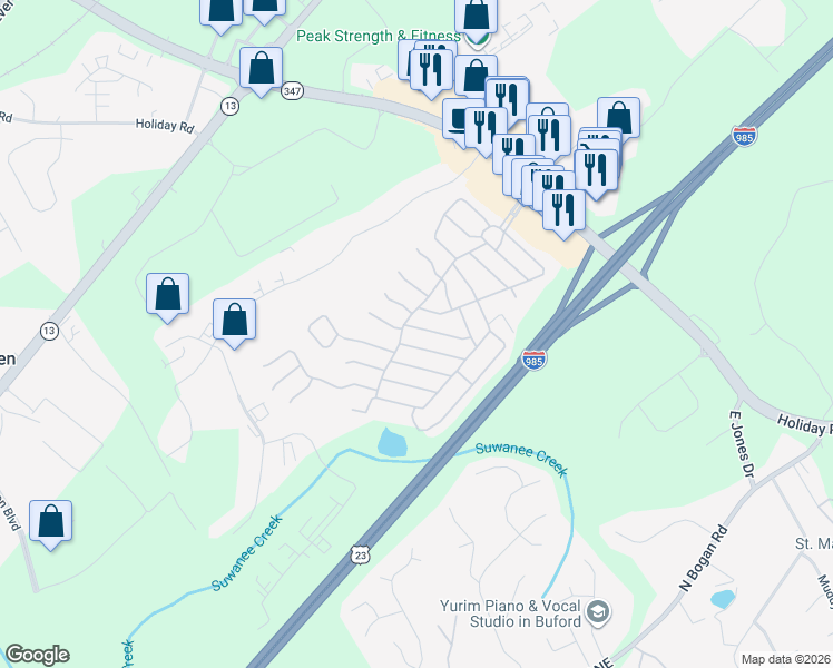 map of restaurants, bars, coffee shops, grocery stores, and more near 5364 Sylvan Hill in Buford
