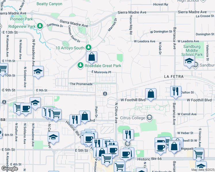 map of restaurants, bars, coffee shops, grocery stores, and more near 878 Iris Way in Azusa