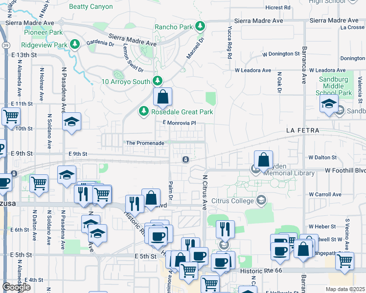 map of restaurants, bars, coffee shops, grocery stores, and more near 865 Orchid Way in Azusa