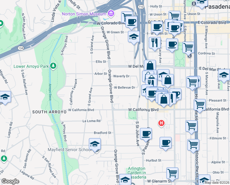 map of restaurants, bars, coffee shops, grocery stores, and more near 480 South Orange Grove Boulevard in Pasadena