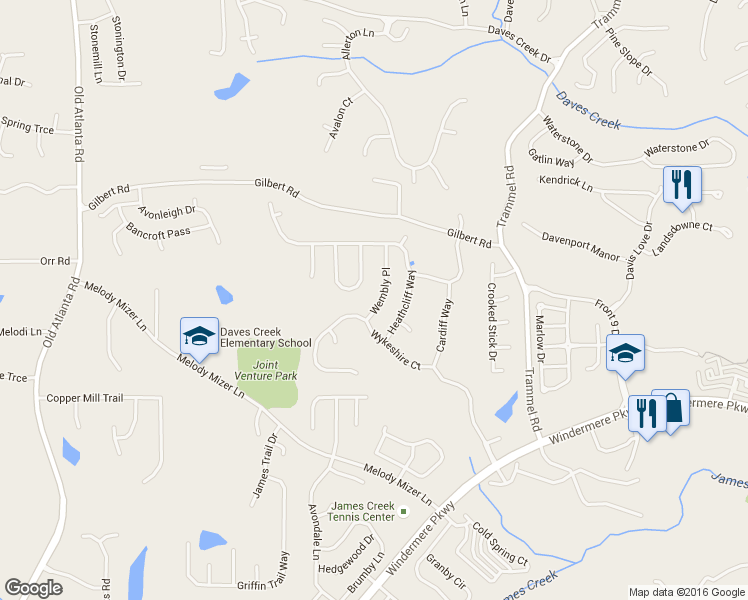 map of restaurants, bars, coffee shops, grocery stores, and more near 4435 Wembly Pl in Cumming