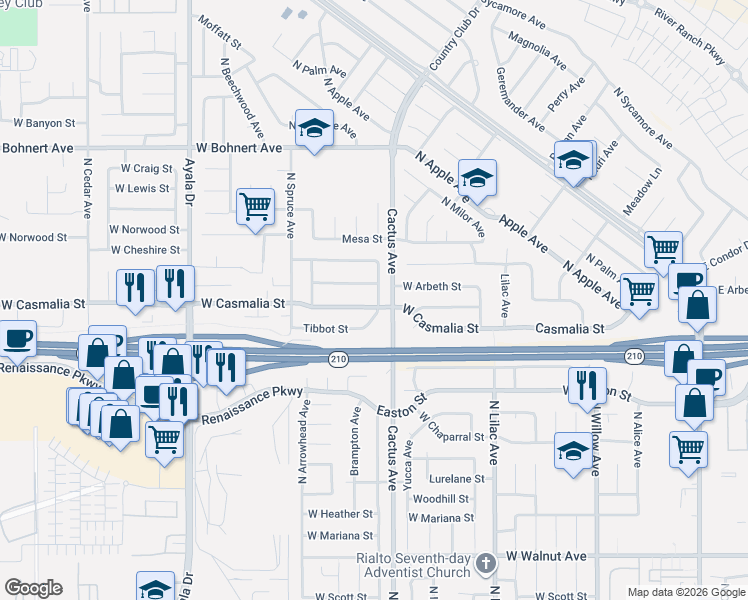 map of restaurants, bars, coffee shops, grocery stores, and more near 19264 Casmalia Street in Rialto