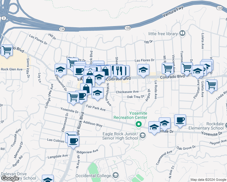 map of restaurants, bars, coffee shops, grocery stores, and more near 5055 Shearin Avenue in Los Angeles