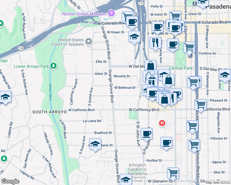 map of restaurants, bars, coffee shops, grocery stores, and more near 480 South Orange Grove Boulevard in Pasadena